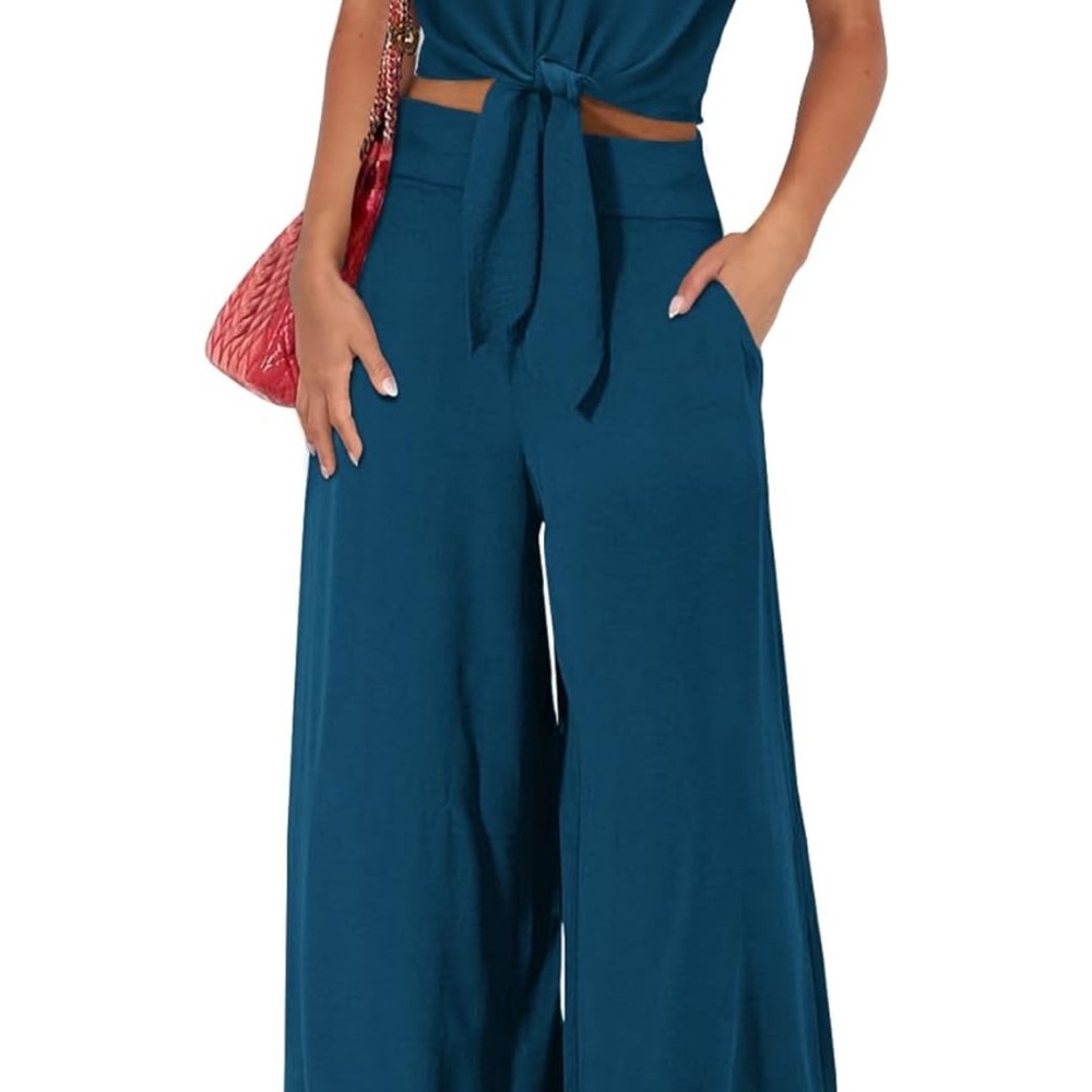 Flowing, lightweight teal blue summer set  with Tie-Waist‎ and Wide-Leg Design
